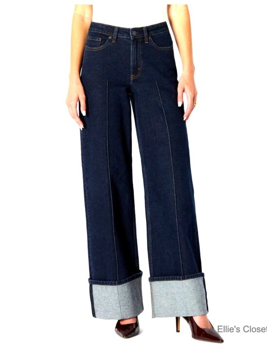Denim - High-Rise Wide Leg Cuffed Jean, Low Stretch Denim, 79% Cotton